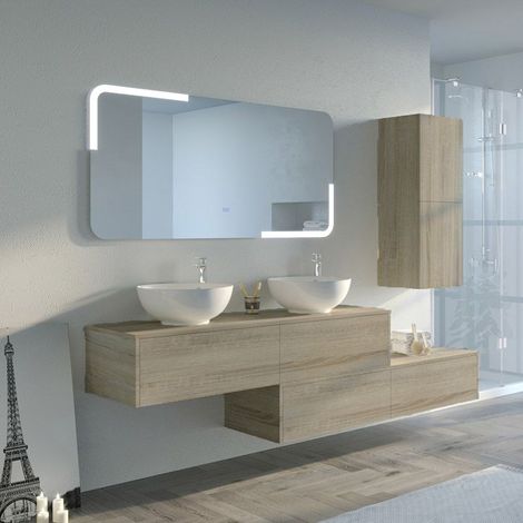 Distribain – Meuble de salle de bain double vasque scandinave – 2 tiroirs push-open – Miroir avec éclairage LED – Dimensions 1495 x 455 x 280 mm
