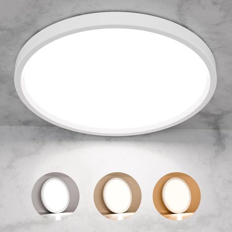 Plafonnier LED rond et plat, étanche IP44, 24W, 3000K, 4000K, 600 K, 2420LM, moderne, simple et fin, pour salle de bain, salon, chambre à coucher, cuisine, 300 x 23mm [Classe énergétique E] (1/5)