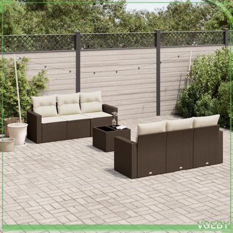 Salon de jardin - Ensemble 7 pcs modulable - Résine tressée marron - Coussins déhoussables crème - Rangement étanche (1/3)
