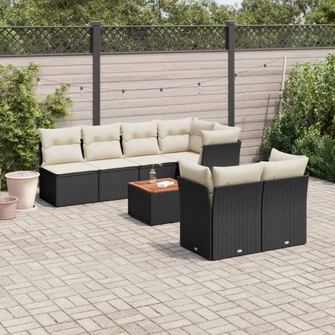 Ensemble de Jardin 8 Places Noir Résine Tressée avec Coussins Crème - Salon d'Extérieur Modulaire en Polyrotin avec Table Acacia (1/3)