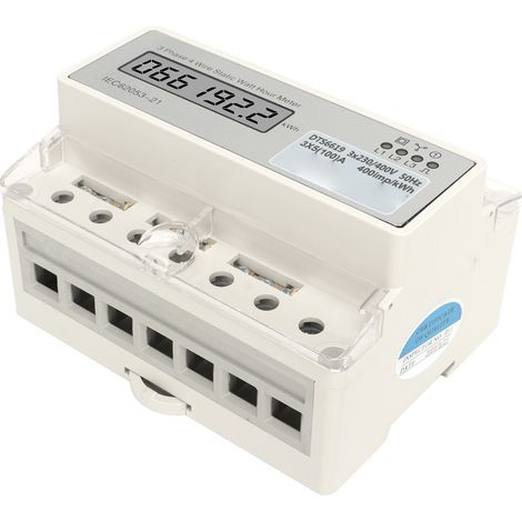 Compteur électrique triphasé 4 fils sur rail DIN, afficheur LCD, type 7P, AC230V/400V, 5(100)A, modèle DTS6619-022, usage domestique. (1/5)
