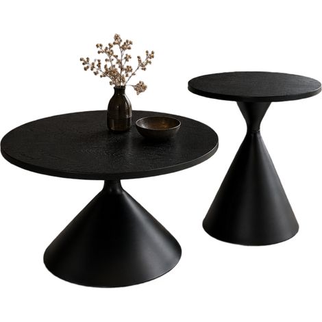 Set 2 tavolini rotondi neri effetto legno Ø70x40 e Ø50x50 cm (1/5)