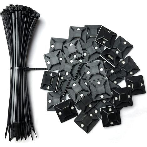 Confezione da 100 fermacavi adesivi, 25 mm x 25 mm, neri, autoadesivi, fermacavi in plastica, 100 fascette da 150 mm in omaggio (1/4)