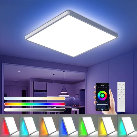 Plafonnier LED Dimmable 36W, Luminaire Lampe avec RGB Rétroéclairage, Plafond Carré Plat avec Télécommande pour Chambre Salon Cuisine Salle de Bain, IP44, Ø30CM (1/5)