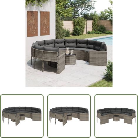 Meuble extérieur - Canapé de jardin avec table coussins rond gris résine tressée (1/5)