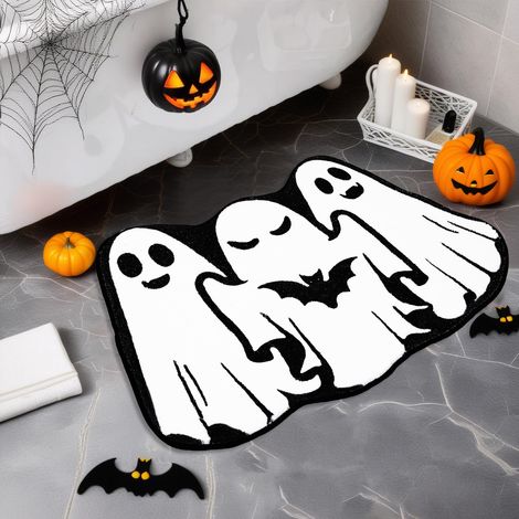 Tapis de salle de bain Halloween à trois fantômes 18 x 28 pouces, tapis de sol absorbant en microfibre douce, paillasson antidérapant lavable pour salle de bain, chambre, cuisine et décoration maison (1/5)