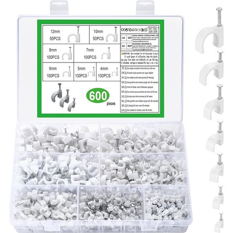 600 Pièces Clips de Câbles Ronds Blanc, Clips de Fixation Cable Eelectrique Mur, Clips Câble avec Clous, Fixation Cavalier Cable Electrique pour Bureau Domicile, 4/5/6/7/8/10 /12 mm (1/5)