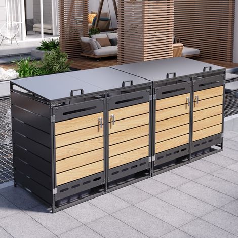 Ensemble de 4 conteneurs de rangement avec couvercles hydrauliques, revêtement horizontal imitation bois, perforations d'aération, armoire de jardin en fer avec serrure (1/5)