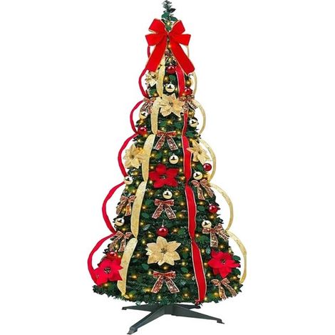 Arbre de Noël Pliable de 4 Pieds, Arbre de Noël Entièrement Décoré Avec Lumières, Ruban et Nœud Pour Décorations de Fête de Noël (1/5)