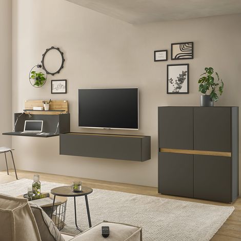 Wohnwand anthrazit mit Eiche CRISP-61 modern 3-teilig mit Homeoffice-Lösung (1/5)