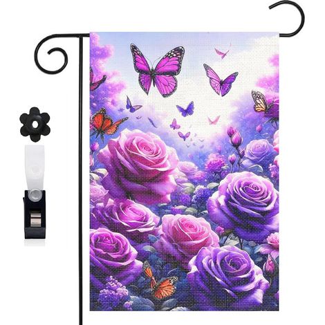 Drapeau de jardin fond violet et composition florale 30 x 45 cm décoration porche et entrée (1/5)