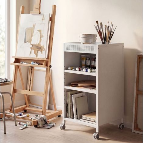 MODFU – Estantería móvil 35x34x69,5 cm de metal con 3 niveles, estantes ajustables y 4 ruedas de las cuales 2 con freno para cocina o salón – Blanco (1/5)