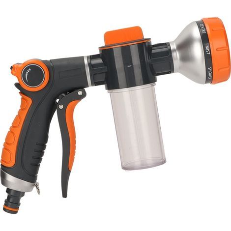 Lance d'arrosage réglable pour tuyau de jardin – Buse haute pression à 8 modes d'arrosage avec réservoir à savon – Pulvérisateur moussant pour tuyau d'eau (Modèle à gâchette avant) (1/4)