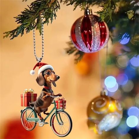 Ornement De Noël En Acrylique - Chien Sur Vélo - Décoration Suspendue Pour Arbre, Voiture, Maison Et Bureau - 1 Pièce (1/5)