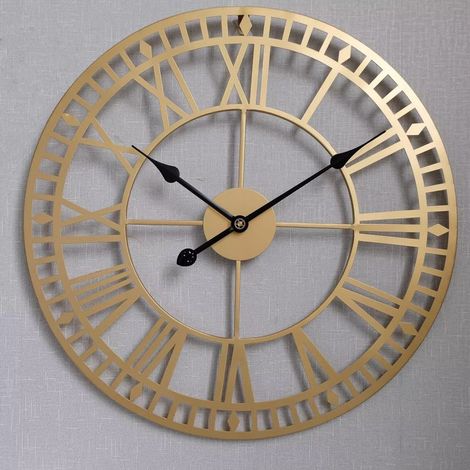 Horloge de jardin résistante aux intempéries, chiffres romains rétro vintage, simple, forgeron, silencieuse, fonctionne à piles, horloge d'extérieur 40 cm (Doré) (1/3)