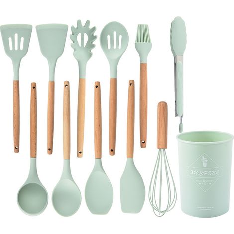 Set 12-teilig Silikon-Kochutensilien-Set mit Holzgriff, hitzebeständig antihaftbeschichtet Kochgeschirr Zange Spatel Löffel-Set beste Küchenutensilien mit