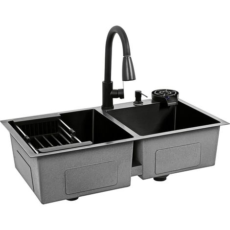 Tominio-Évier de cuisine Évier à Encastrer Moderne, Evier Sous Plan en granit Double bac Noir
