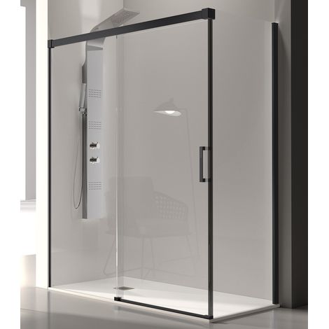 Paroi de douche fixe + Porte coulissante GLASÉ profil noir mat 120 cm Paroi latérale : 76 - 79 cm