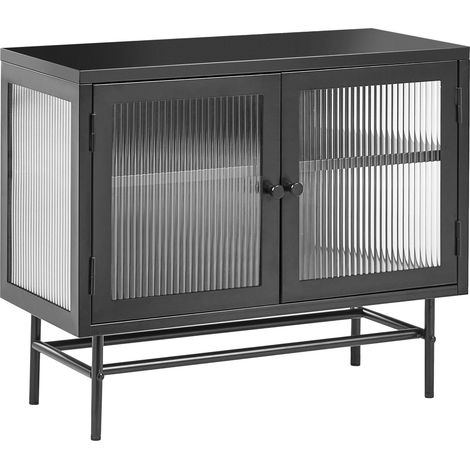 2 Door Sideboard Black Steel Fluted Tempered Glass Adjustable Shelves Leg Caps Living Room Furniture Modern Industrial Design DEVON (1/5)