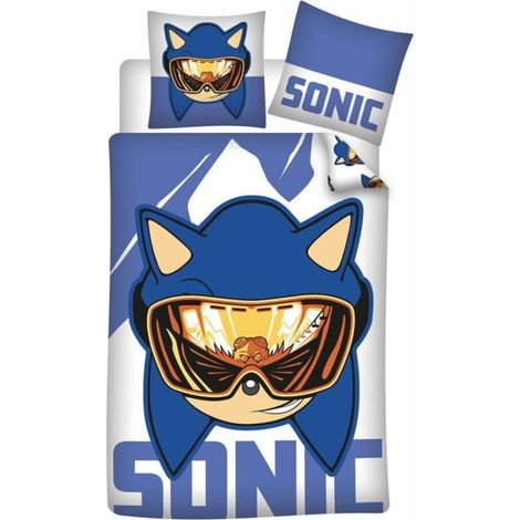 Parure de lit - Sonic – Lunettes de Ski – Réversible – 140x200 cm + 65x65 cm – Bleu & Blanc