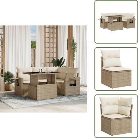 The Living Store Salon de jardin avec coussins 5 pcs beige résine tressée - Ensemble Salon De Jardin - Meuble Extérieur - Jardin Design - Mobilier Résistant Aux Intempéries - Chaise Longue Pliable (1/5)