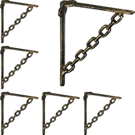 Relaxdays Set 6x Shelf Brackets, Cast Iron, Rack Support, Chain Motif, HWD: 18 x 4 x 21.5 cm, Angle for Shelves, Bronze