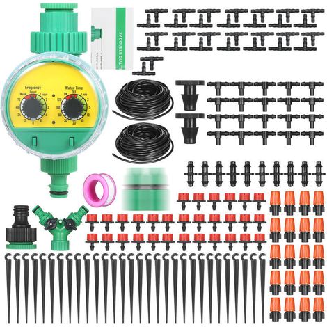 Kit d'arrosage goutte à goutte pour plantes, système d'arrosage DIY avec minuterie d'irrigation automatique électronique, buses brumisateurs goutteurs, tube de 30 mètres pour jardin, pelouse, patio