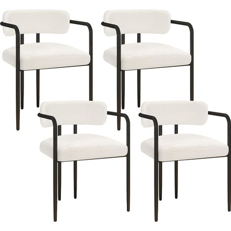 Puluomis – Chaise de salle à manger rembourrée en tissu Teddy – Lot de 4 chaises – Pieds en métal noir – Hauteur d'assise 46 cm – Blanc (1/5)