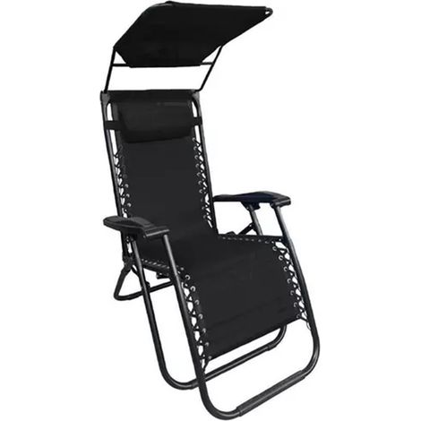 TRADE SHOP - Sedia Sdraio Con Parasole In Textilene Reclinabile Pieghevole Con Poggiatesta 483015 - Nero