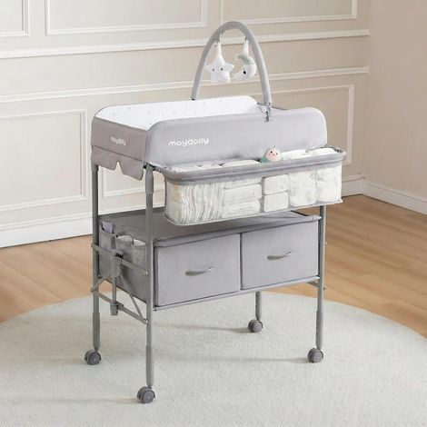 Table à Langer Bébé Pliante avec Roulettes - Hauteur Réglable, Plan à Langer Mobile avec Matelas Imperméable (1/5)