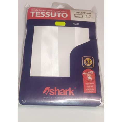 SHARK - TENDA DA DOCCIA COMPLETA DI GANCI IN TESSUTO LINEA RASO 180x200h cm - COLORE BIANCO A RIGHE ATERNATE