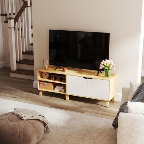 Meuble TV 2 Portes, Meuble de Rangement TV avec Étagères Ajustables, pour Salon, 140 cm, Bois, Blanc (1/4)
