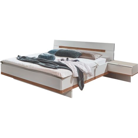 Doppelbett, 180cm Liegefläche, höhenverstellbar, mit 2 schwebenden Nachtschränken in weiß mit Artisan Eiche Nb. GRANADA-43, B/H/T ca. 292/94/210 cm (1/5)