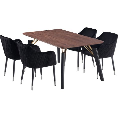 Cosmo LUX Verona Dining Set - a Walnut Wooden Dining Table and Set of 4 Black Vevet Dining Chairs - Dining Room Kitchen (1/5)