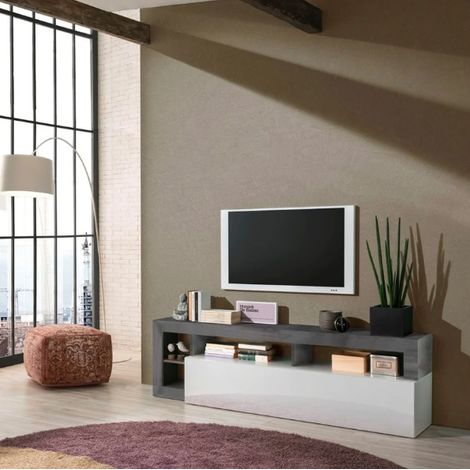 Meuble TV HAMBURG – Blanc lacqué brillant /oxyde (1/5)