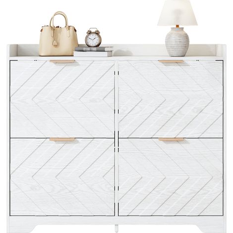 Armoire à chaussures avec 4 compartiments repliables, structure en 3D. Il y a un espace de rangement supérieur. C’est une armoire spacieuse et compacte