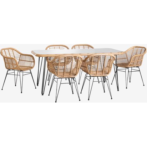 Set tavolo rettangolare in vimini sintetico Leribert (180x90 cm) e 6 sedie da pranzo Zole in vimini sintetico SKLUM            
