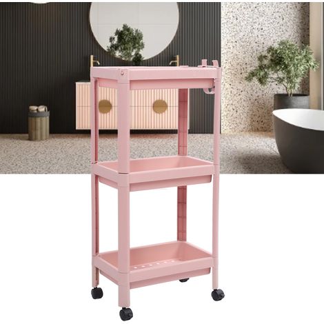 Étagère de rangement rose sur pied pour salle de bain, étagère de rangement étroite pour salle de bain, à trois niveaux (1/5)