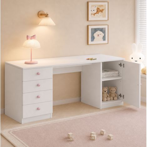 Kinderschreibtisch mit 4 Schubladen und Schrankfach, 155 x 45 x 75 cm, Weiß, OKMYHOME (1/5)