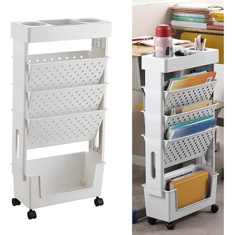 Bibliothèque mobile, bibliothèque mobile pivotante et amovible pour la maison (blanche) (1/5)