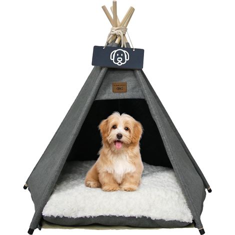 Chien Tente avec Coussin en Peluche Niches à Chat Tipi Tente pour Animaux de Compagnie Maisons pour Chat avec Petit Tableau Noir 60x60x70cm (1/5)