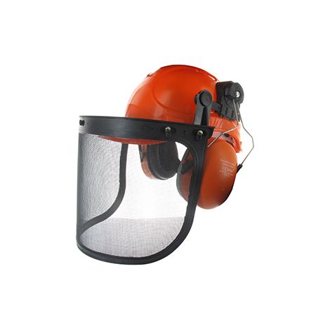 Schutzhelm für Schneidearbeiten mit Helm (EN397), 30 dB Geräuschunterdrückung (EN352-3) und Gittervisier (EN1731 S) mit Schutzbrille