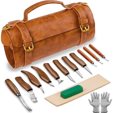 Kit de sculpture sur bois pour débutants, Kit d'outils de sculpture sur bois 15PCS, Blocs de sculpture en bois de tilleul, Gants, Sac à roulettes, Aiguisoir pour Kit de sculpture sur bois