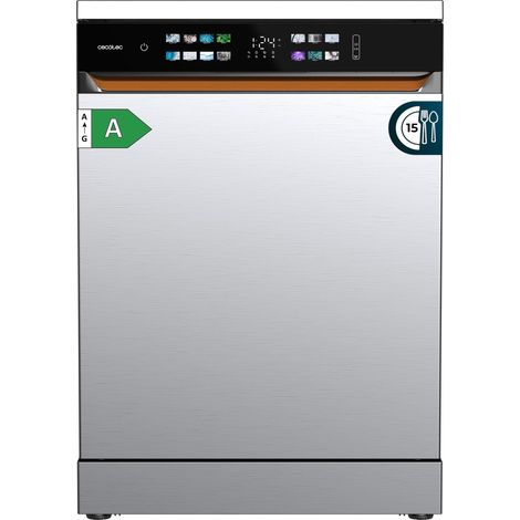 Cecotec Lavavajillas Independiente de 60 cm Bolero Aguazero 6900 Inox. 15 Cubiertos, 8 Programas, Clase A, Motor Inverter Plus, Pantalla FullColor XXL, Auto Open y Turbo Dry+, Dual Zone Wash, Inox