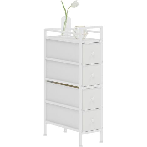 Commode à 4 tiroirs en tissu, structure en acier, idéale pour la chambre, les petits espaces, le salon ou le dressing, blanche.