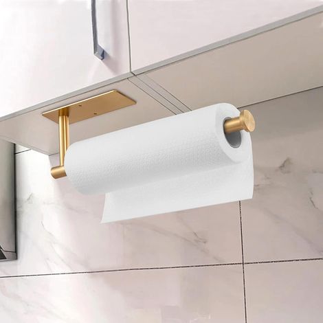 Soporte de acero inoxidable para toallas de papel - Montaje en pared y adhesivo, organizador bajo armario para baño, autocaravana, color dorado.