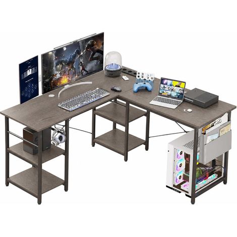 Bureau d'angle en L réversible avec rangement, prises électriques et USB, noir (1/5)