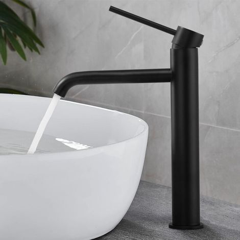 Rubinetto per lavabo da bagno, miscelatore con beccuccio a 45°, acqua calda e fredda regolabile, in acciaio inox - Nero (1/5)