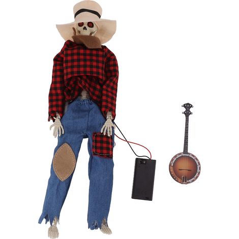 Halloween-Cowboy-Skelett-Statue mit leuchtendem Auge, rot-karierte Schreibtischdekoration