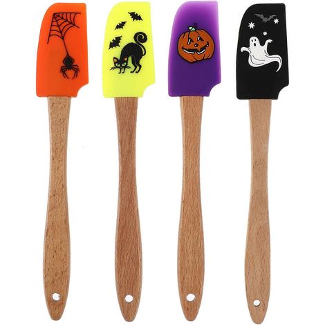 Ensemble de 4 racloirs à beurre en silicone et manche en bois sur le thème d'Halloween, adaptés à la cuisine. (1/5)